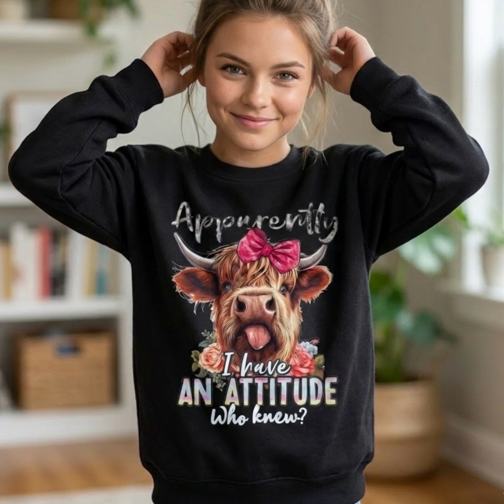 NWT Highland Cow Attitude Sweatshirt L Black